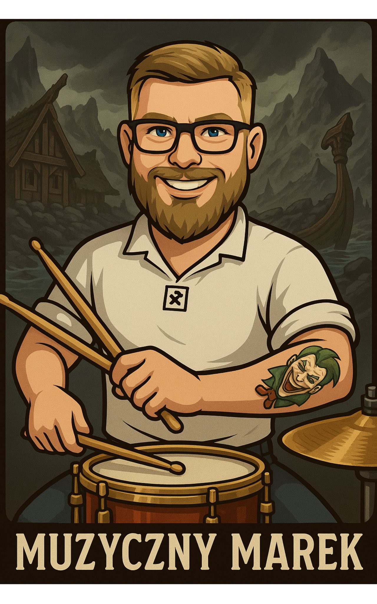 Illustration of a smiling drummer with glasses and a tattoo, labeled "Muzyczny Marek."