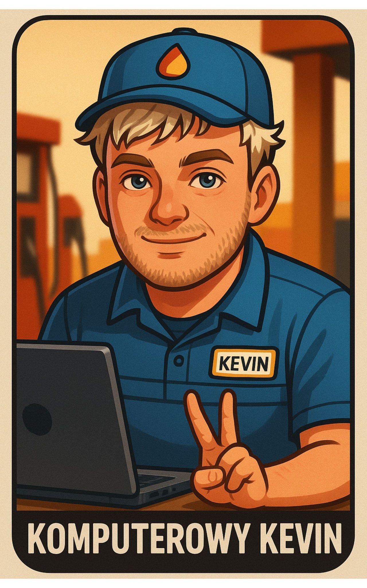 Illustration of a man named Kevin in blue uniform with laptop, peace sign.