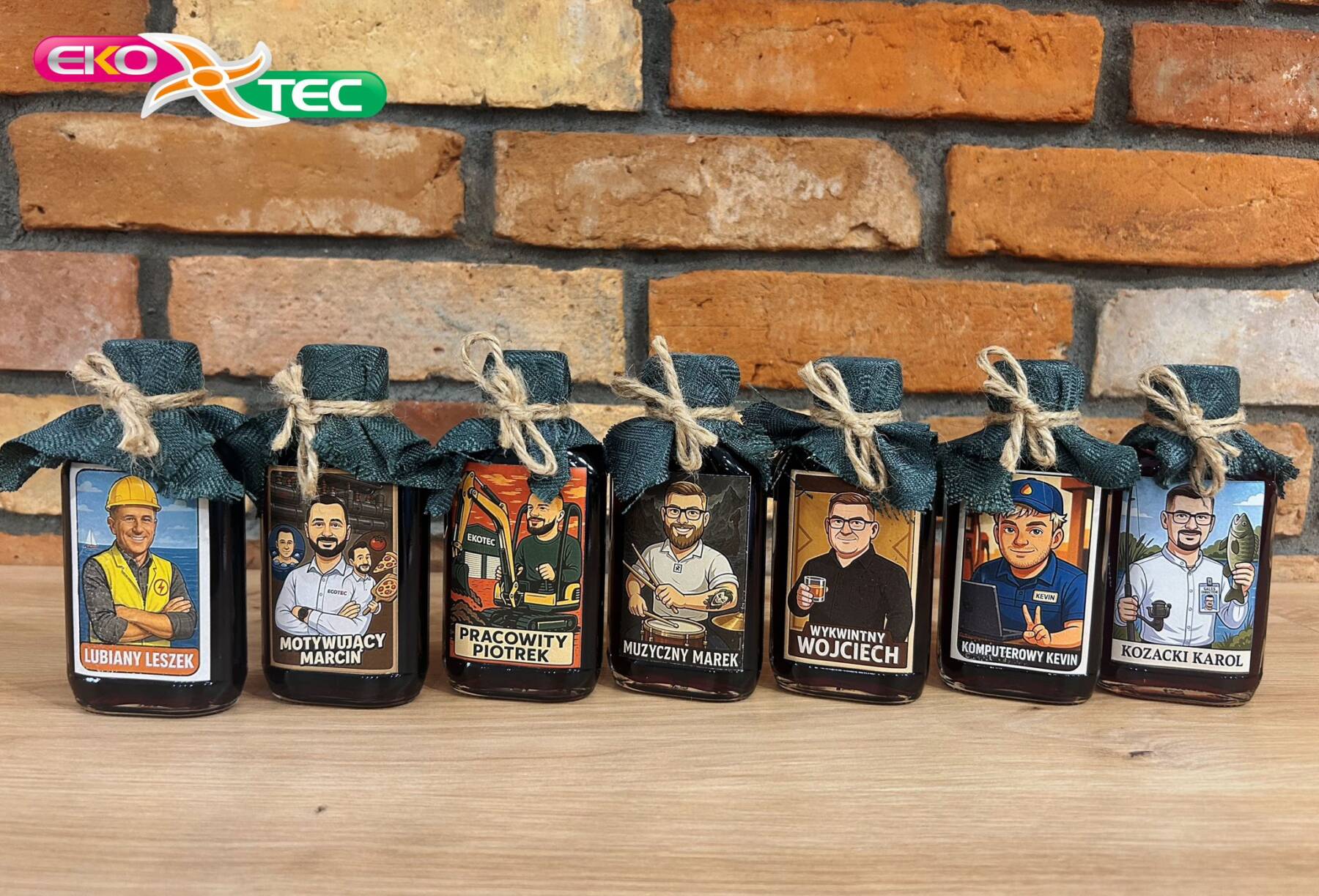 Seven jars with illustrated labels on a wooden table against a brick wall.