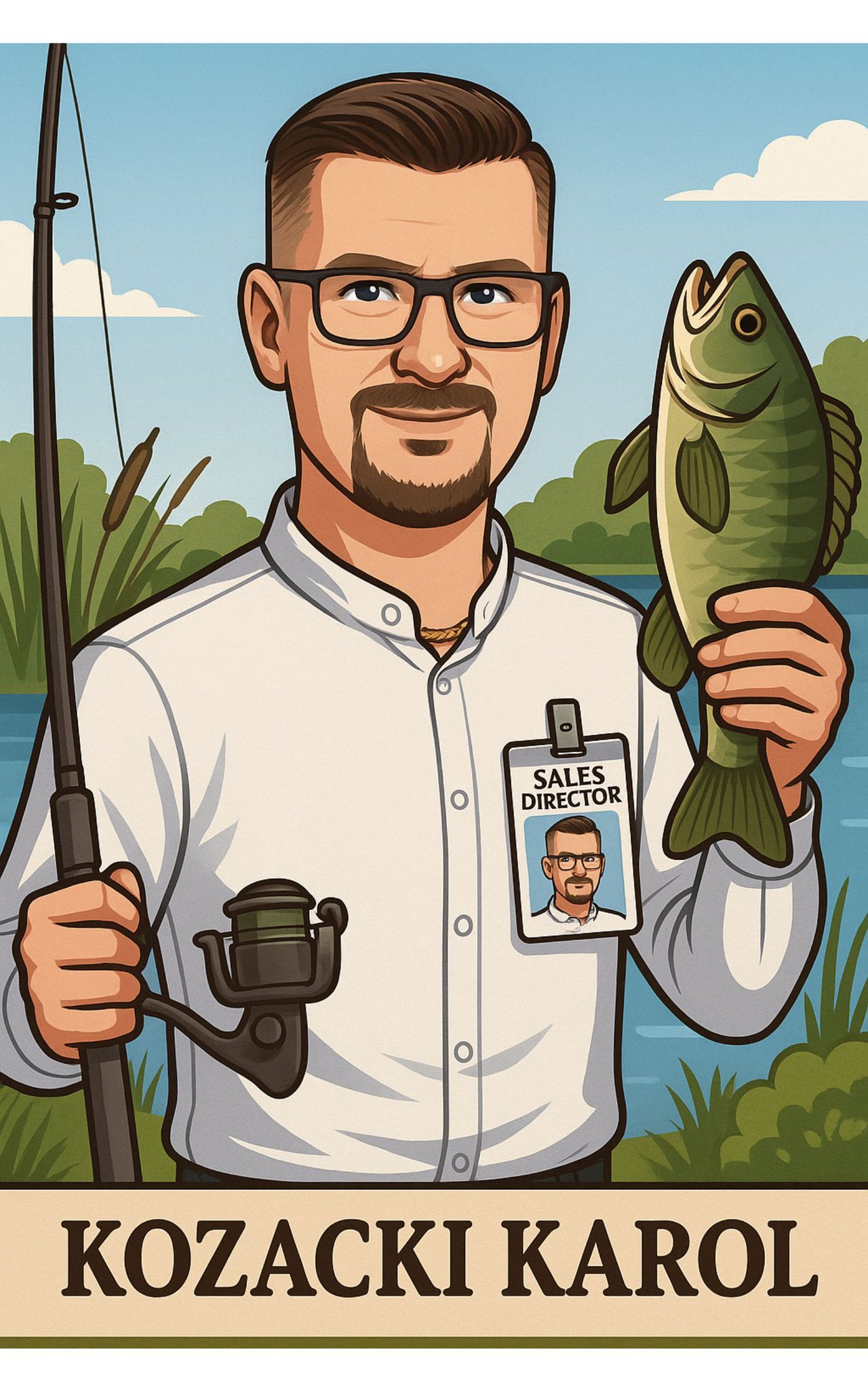 Illustration of a man holding a fish and fishing rod, labeled "Sales Director."