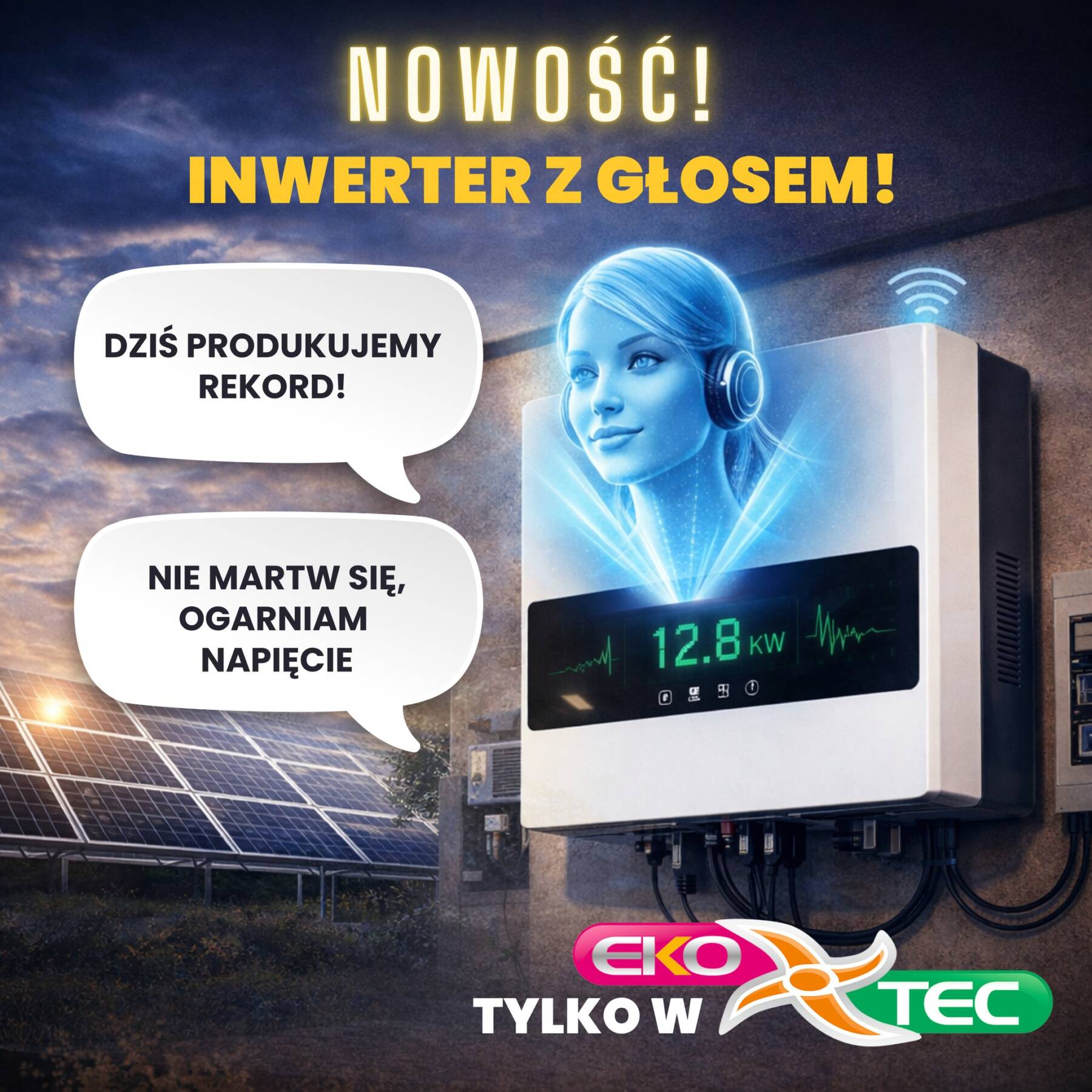 Advertisement for voice-controlled inverter with holographic face and solar panels in background.