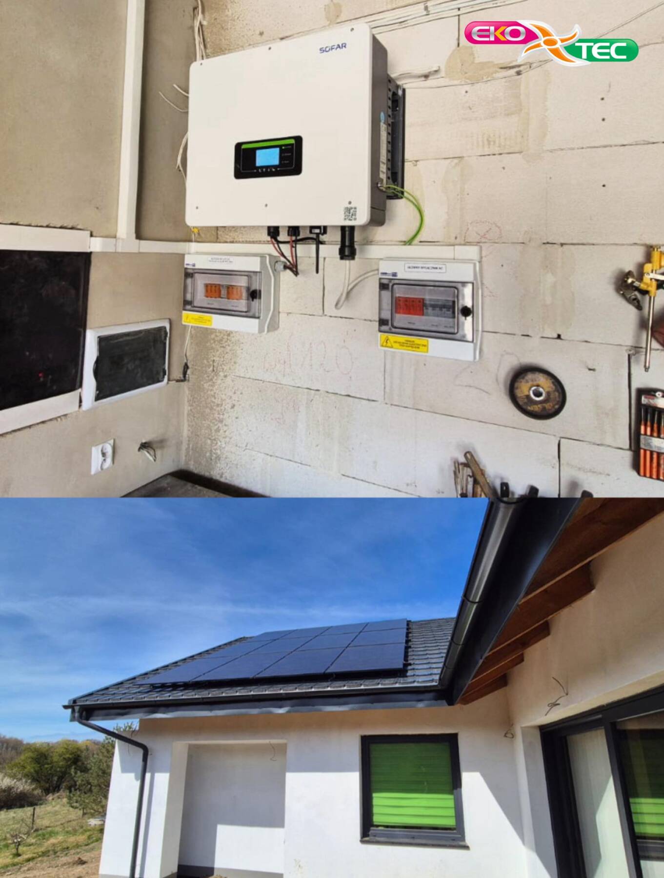 Kolaż przedstawiający instalację fotowoltaiczną Ekotec: u góry falownik Sofar z zabezpieczeniami elektrycznymi zamontowany na ścianie, a na dole panele fotowoltaiczne na dachu domu jednorodzinnego.